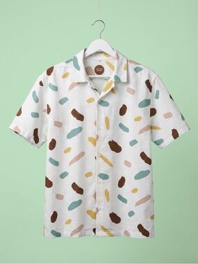 Men's White Short-Sleeve Button-Down Shirt with Multi-Color Abstract Spots